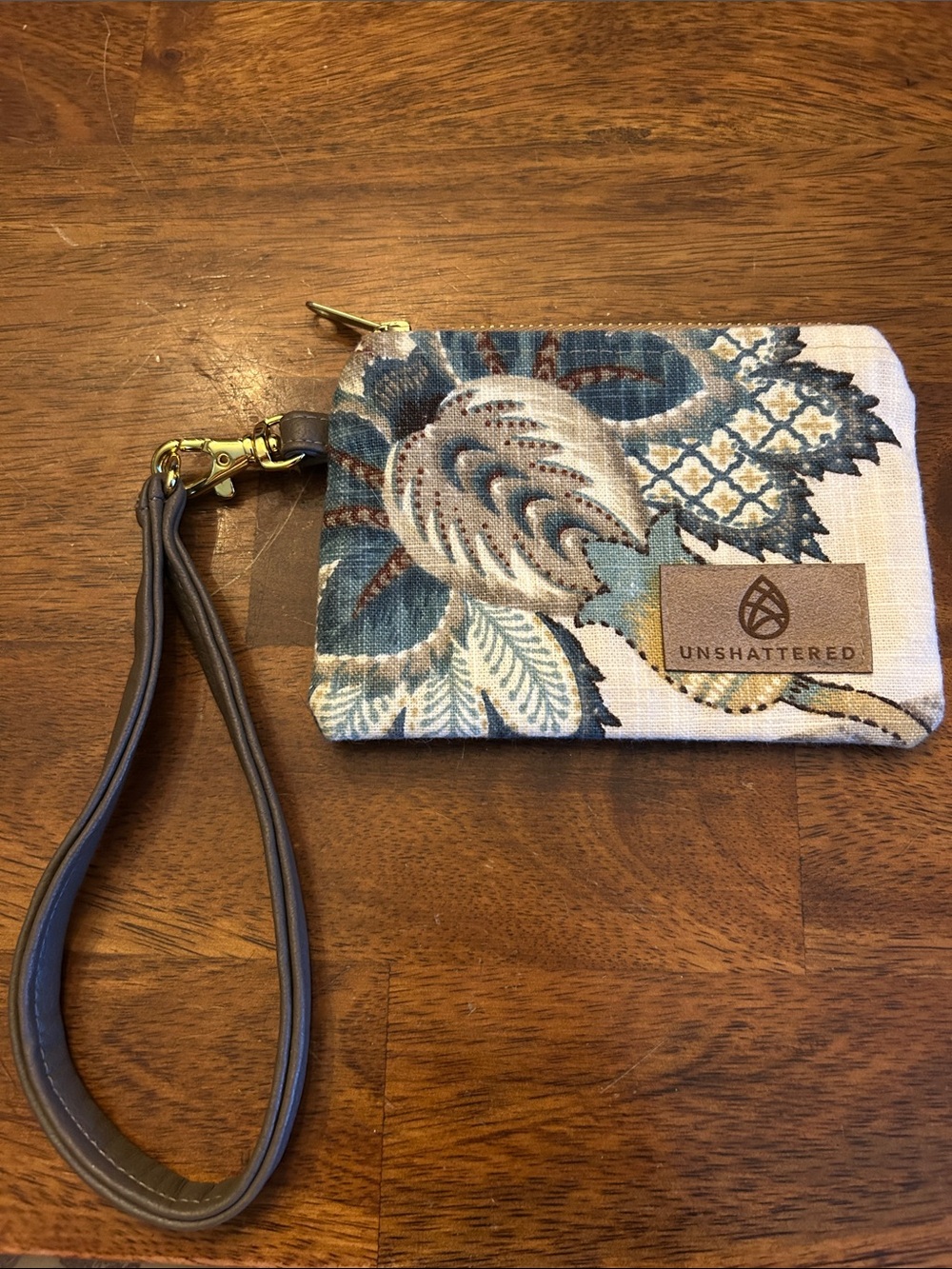 Unshattered Fabric Wristlet w/Brown Faux Leather Wrist Strap & Zipper Closure